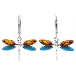Pair of silver turquoise and amber dragonfly pendant earrings, stamped 925 