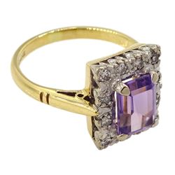 18ct gold emerald cut amethyst and round brilliant cut diamond cluster ring, hallmarked