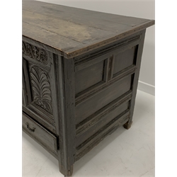 Large 18th century oak mule chest, with hinged lid over four panelled front carved with floral decoration, three drawers under, raised on stile supports, W186cm, H81cm, D67cm 
