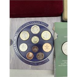 United Kingdom 2007 brilliant uncirculated coin collection, 2008 proof coin collection, 2015 'Sir Winston Churchill' fine silver twenty pounds, Pobjoy Mint 'The Copper inlaid HMS Victory Coin Set', The London Mint office 2006 'The jewelled Queen's 80th Birthday Golden Crown' sterling silver coin, 2007 five pounds and other coinage, in one box
