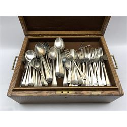 Oak cutlery box by Mappin and Webb with two lift out trays containing a quantity of assorted cutlery, bone handled knives, pair of engraved plated fish servers etc W46cm
