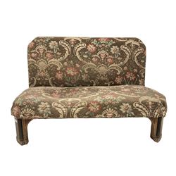19th century Banquette, high back and seat with canted corners upholstered in floral fabric, raised on decorative oak supports with applied turned quarter round pilasters and decorative inlay - in the style of Gillows or Lamb of Manchester