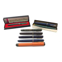 Parker Duofold fountain pen with 14ct gold nib in marbled case, another in orange case and six other Parker fountain pens