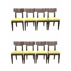 Phillipe Hurel - Contemporary set of eight oak dining chairs, with vivid green leather upholstered seats, raised on square tapered front supports W45cm