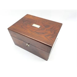 Victorian Rosewood vanity box the mother of pearl inlaid hinged cover opening to reveal a fitted velvet lined interior, with an assortment of bottles and sewing tools and secret drawer, L30cm x H17cm 