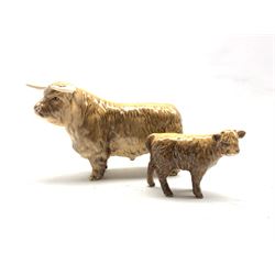 Beswick model of a Highland bull No. 2008 and a Highland calf No. 1827D