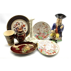 Pair of Flight, Barr & Barr porcelain plates (a/f) Worcester porcelain candlestick no. 1050, three pieces of Carlton ware, Ralph Wood style Toby jug etc 