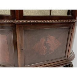 Early 20th century mahogany break bow front display cabinet, astragal glazed door enclosing three glass shelves, cupboard below with figured panelled door, on hairy paw carved feet, W122cm, H199cm, D41cm
