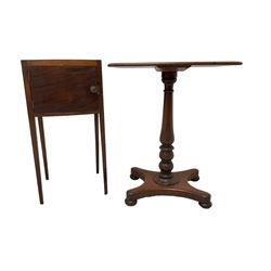 George III mahogany bow-front bedside table, fitted with single cupboard and raised on square tapering supports (38cm x 35cm x 78cm); Mid-to late 19th century lamp table, rectangular top with rounded corners raised on turned pedestal with plinth base on compressed bun feet (61cm x 45cm x 76cm)