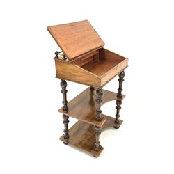 Victorian walnut davenport writing desk, the top with three quarter brass gallery lifting to reveal ink wells and storage compartments, over inset tooled leather writing slope with floral boxwood inlay lifting to reveal plain interior, over two shaped under tiers raised on turned supports W56cm