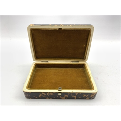 19th Century tortoiseshell and ivory box of sarcophagus design with plush lined interior 15cm x 10cm