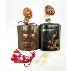 Japanese Meiji nashiji lacquer three case inro decorated in low relief with a pagoda and foliage with carved netsuke, together with a black lacquer five case inro, decorated to both side with prunus, with walnut carved ojime, L7cm (2)
