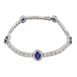 18ct white gold oval sapphire and round brilliant cut diamond link bracelet, hallmarked, total sapphire weight 5.00 carat, total diamond weight 5.00 carat