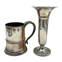 Silver trumpet shape vase with crimped rim and circular foot H23cm Birmingham 1946 Maker A & J Zimmerman and a Sheffield plate mug 