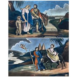 English School (Early 19th century/George III): 'Return from Egypt' and 'Flight into Egypt', pair engravings with hand colouring pub. P & P Gally 1814, 21cm x 34cm (2)
