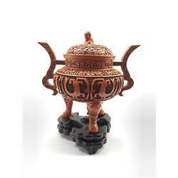 20th century Chinese Cinnabar style twin-handled censer and cover, decorated in relief with Dragons, symbols and Greek Key incised handles on diaper ground, with stand, H32cm 