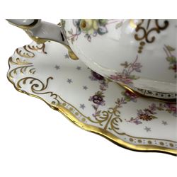 Royal Crown Derby 'Royal Antoinette' pattern dinner and tea service comprising six dinner plates, six dessert plates, six two handled soup bowls and stands, sauce boat and stand, pair of condiments six tea cups and saucers, six tea plates, cake plate, sucrier and cover, milk jug and teapot (50)