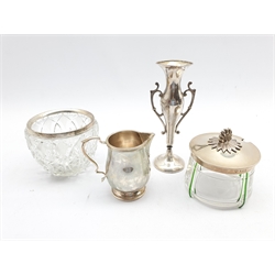 Silver baluster cream jug  Birmingham 1969, silver two handled vase H16cm, cut glass vase with silver rim and a preserve jar with silver cover