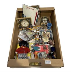 Golly collectables including a soft toy, picture frame, clock, thimbles, stainless steel hip flask, tea towels etc in one box