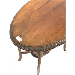 Edwardian mahogany centre table, oval gadroon moulded top, outsplayed supports connected by under tier (68cm x 44cm, H71cm), late 19th century turned beech stool with decorative seat and an early 20th century oak table with shaped pie crust top