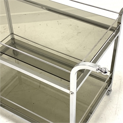 1970s vintage chrome and smoked glass two tier drinks trolley, L87cm (including handles), 75cm x 47cm (excluding handles)