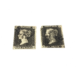 Two Queen Victoria penny black stamps, both with black MX cancels