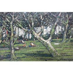 Kershaw Schofield (British 1872-1941): Chickens Feeding Amongst Trees, oil on canvas signed 25cm x 35cm