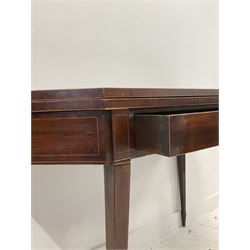 Georgian mahogany tea table, canted form, the figured fold over top over single frieze drawer, double gate leg action base, square tapering supports with spade feet, with string inlay throughout 
