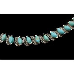 Silver marquise turquoise and marcasite link necklace, stamped 925