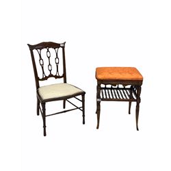 Edwardian inlaid mahogany side chair with together with Victorian walnut music stool with seat upholstered in orange fabric. 