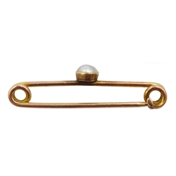 Early 20th century rose gold single pearl ring, gold pearl bar brooch, and three row ruby and pearl ring all 15ct stamped or hallmarked