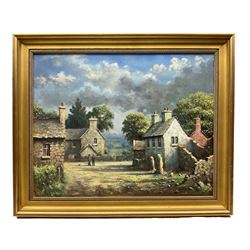 James David Preston (British 1946-): Figures in a Derbyshire Village, oil on canvas signed 39cm x 49cm