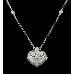 Silver cubic zirconia openwork heart locket pendant necklace, stamped 925