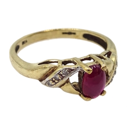 9ct gold cabochon ruby and diamond ring, hallmarked