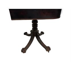 George III mahogany Irish tea table, the rectangular hinged swivel top with rounded corners and reeded edge, over a bookmatched veneer band, the pedestal heavily turned with quadrupod base, the splayed feet carved and terminating in large paw feet on brass castors 