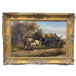 English School (19th century): Horses and Cart Transporting Lumberjack and Logs, oil on canvas unsigned 38cm x 58cm