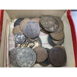 Great British and World coins including commemorative crowns, King George VI 1945 halfcrown, United States of America 1993 Liberty one ounce fine silver dollar, pre-Euro coinage etc and various copy or reproduction coins including examples by Westair Reproductions Ltd etc