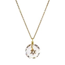 Victorian rock crystal pendant set with a central gold split pearl and diamond star, on gold chain necklace with three pearl spacers