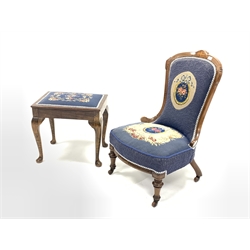 Victorian mahogany framed nursing chair, shaped cresting rail over needlework upholstered seat and back panel, raised on turned front supports terminating in brass and ceramic castors, with all over box wood string inlay, (W55cm) together with a stained beech footstool/music stool with needlework upholstered panel, W53cm
