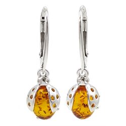 Pair of silver and Baltic amber ladybird pendant earrings, stamped 925