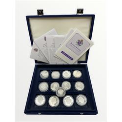 Thirteen silver coins, from the 'Diamond Wedding' silver coin collection, all dated 2007 including Bailiwick of Guernsey five pounds, Gibraltar five pounds etc, housed in a Westminster case, most with certificates