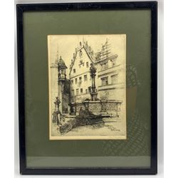 Adeline S Illingowrth (British 1858 - 1930): 'Fountain Near the Market Place Rothenburg' etching signed in pencil 30cm x 23cm