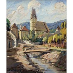 Vilmos Gaár (Hungarian 1892-1963): Footbridge before a Church, oil on canvas signed 60cm x 49cm