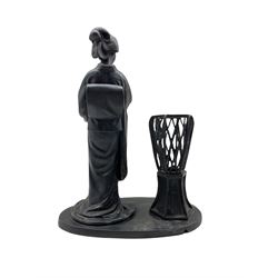 Japanese bronze figural table lamp with a standing geisha holding a fan next to a brazier H40cm