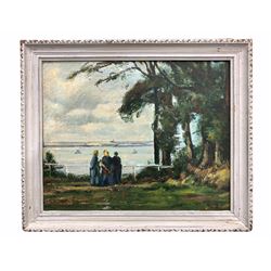English School (20th century): Three Figures by a Lake, impressionist oil on board signed with initials EB 40cm x 50cm