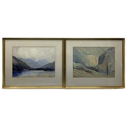 E W Powell (British early 20th century): Fjord Landscape and Village, pair watercolours signed and dated 1922 and 1930 each 30cm x 42cm (2)