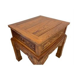 Pair Chinese Imperial style hardwood lamp or side tables, panelled rectangular form, carved with foliate motifs and trailing geometric patterns, each fitted with single drawer, on square supports