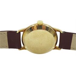 Tudor 9ct gold gentleman's manual wind wristwatch, model No. 12856, serial No. 561187, case by Dennison for Rolex, Birmingham 1953, on brown leather strap