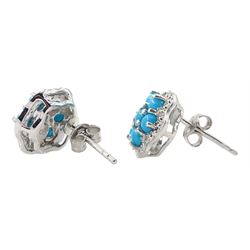 Pair of silver turquoise and diamond cluster stud earrings and a silver pear shaped turquoise ring, all stamped 925