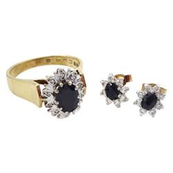 Gold sapphire and diamond chip cluster ring and a pair of gold sapphire and cubic zirconia cluster stud earrings, both hallmarked 9ct